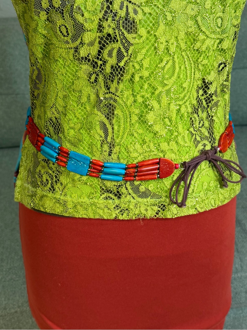 VTG Turquoise & Coral Multi-Strand Beaded Western Santa Fe tie Belt OS